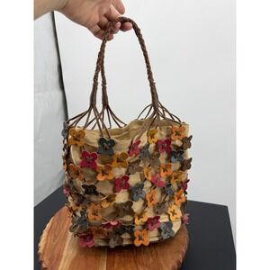 Miss Sixty Floral Leather Woven Bucket Bag Women Small Tan Multicolor Y2K Boho